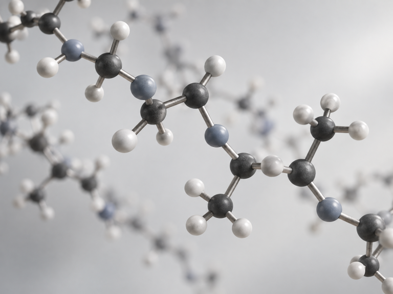 Conceptual molecular illustration with charcoal and silver spheres connected by bonds